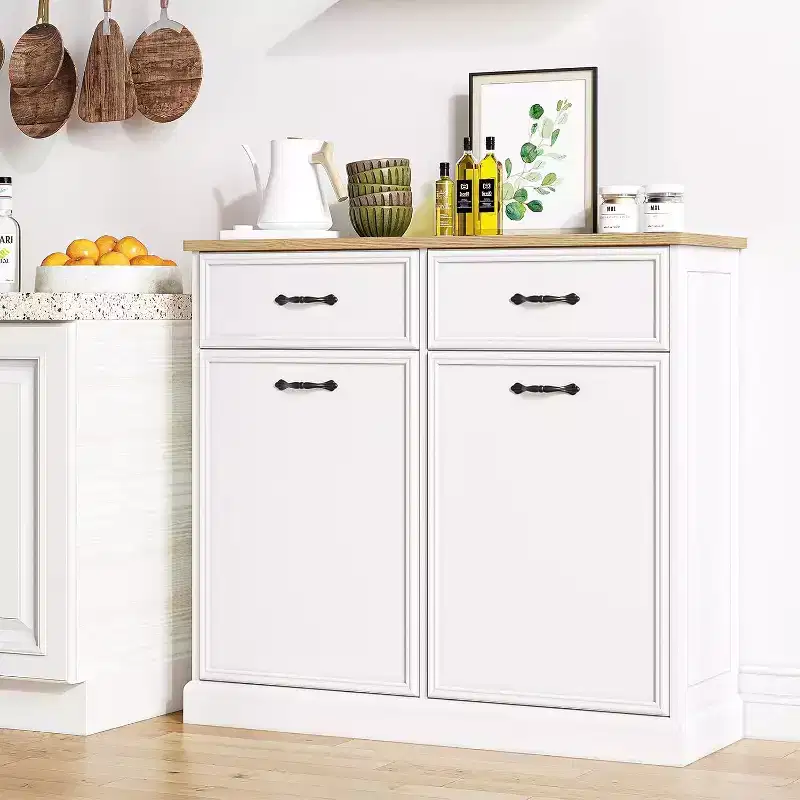 Tilt-Out Trash Cabinet, Hidden Garbage Can Storage, Freestanding, Pet-Proof Design for Kitchen, Dining, Living Room, Multiple Size Options