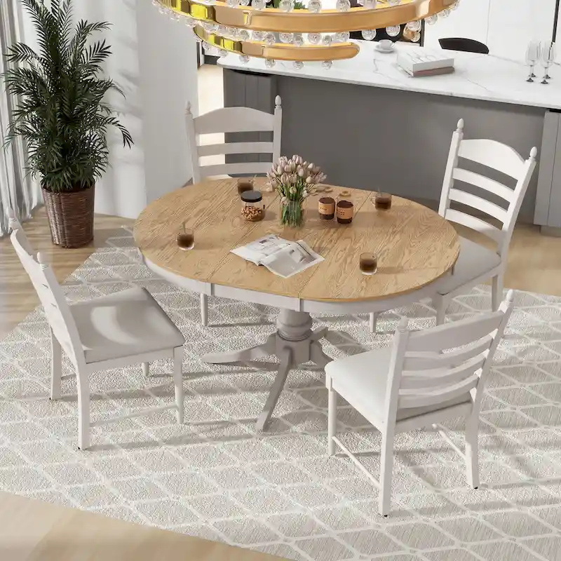 5-Piece Dining Table Set Round Extendable Dining Table and 4 Chairs