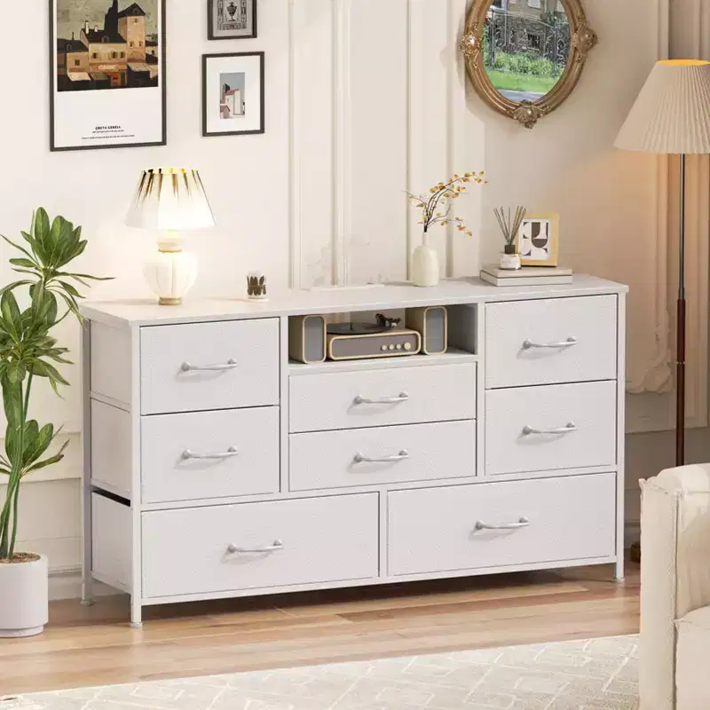 Wide White 8 Drawer Dresser Fabric Storage Chest of Drawers Charging Station Open Shelf Bedroom Nursery Furniture Media Console TV Stand