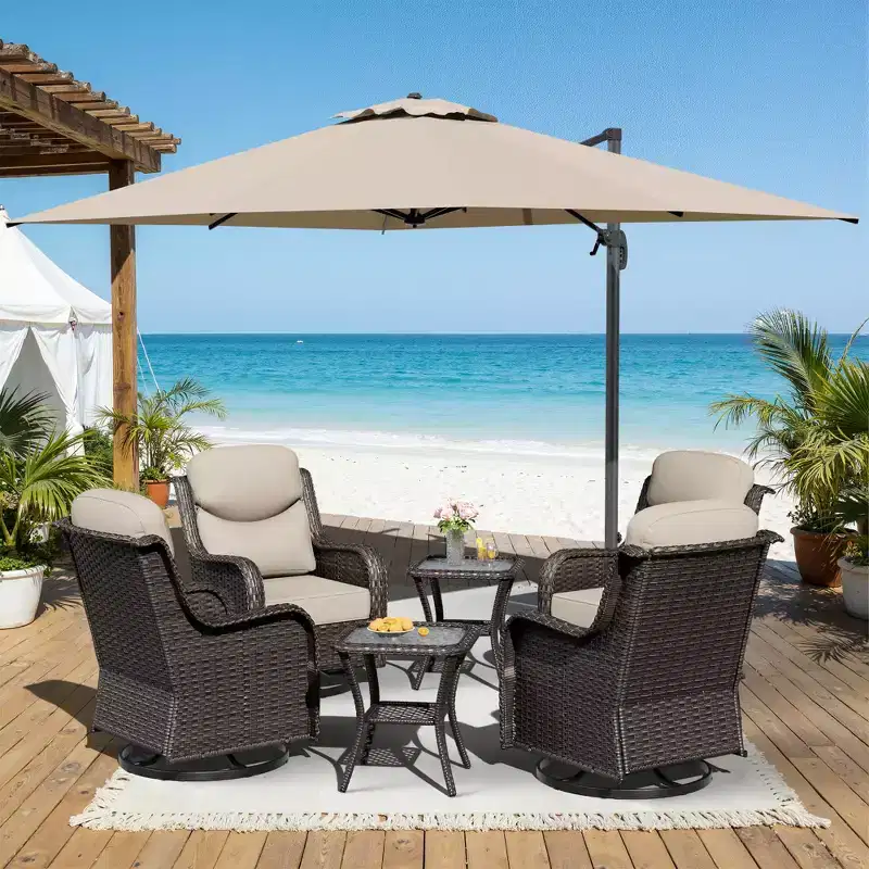 UPTIOT Outdoor Rocking Chair Set with Side Tables and 13-ft Double Canopy Patio Umbrella