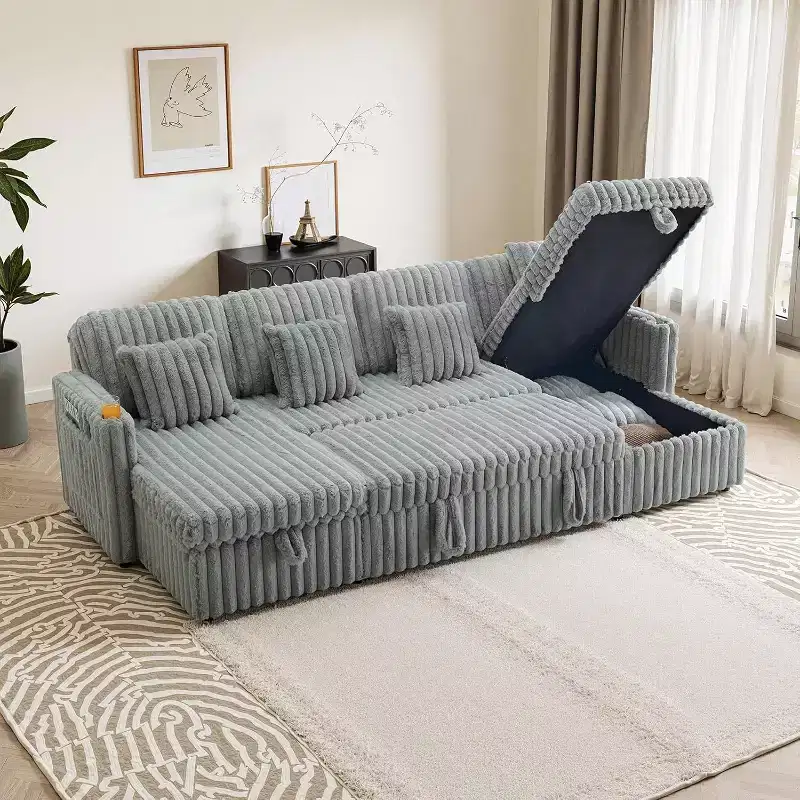 124-Inch U-Shaped Sleeper Sofa with Storage, Oversized Convertible Couch with Pull-Out Bed, Adjustable Backrest, USB Ports & Cup Holders, Gray