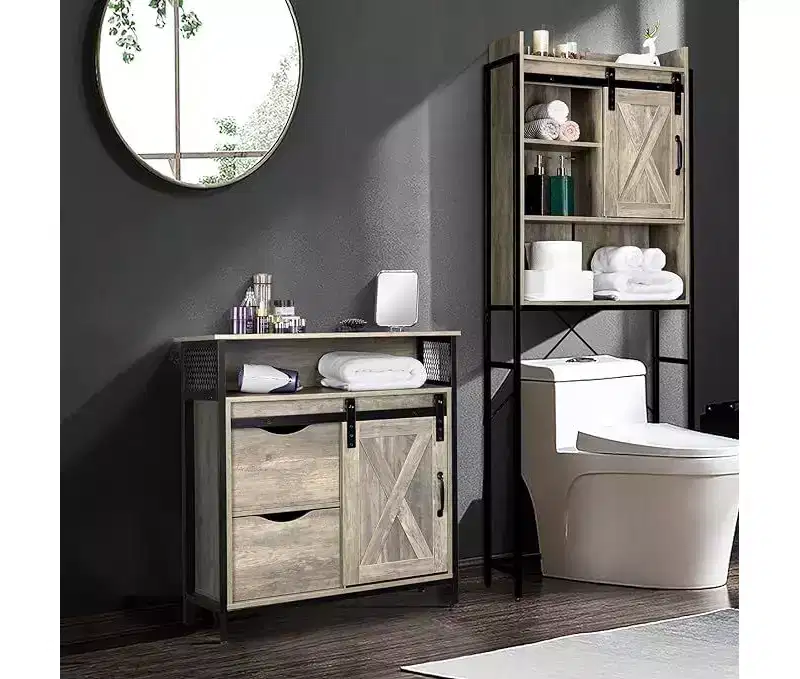 Barn Door-Style Floor Bathroom Cabinet with Drawer and Shelves