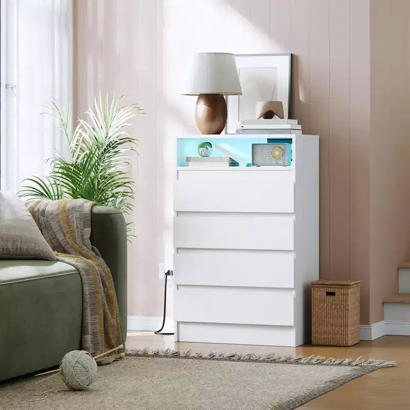 6 Drawer Dresser with RGB LED Light and Charging Station, White