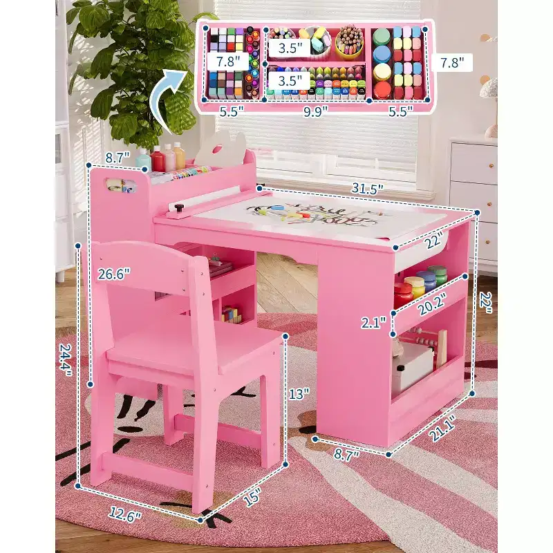COZONY Kids Art Table and Chairs Set, Wooden Craft Desk with Storage Shelves for Toddlers, Children's Activity Table for Home Classroom Daycare