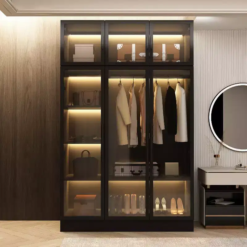 Display Cabinet Armoire with LED Light, Glass Doors, Closet Wardrobe, Black