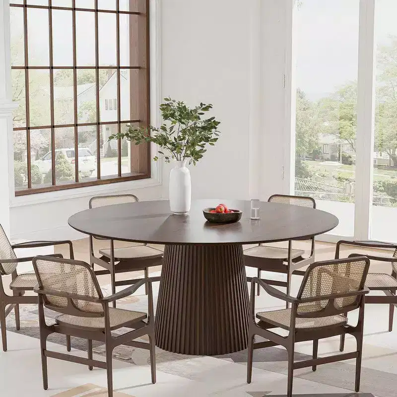 PexFix 60 Round Dining Table for 6 People Modern Pedestal Table with Fluted Cone Base & Wood MDF Top for Small Space Kitchen Dining Room Cafe Walnut