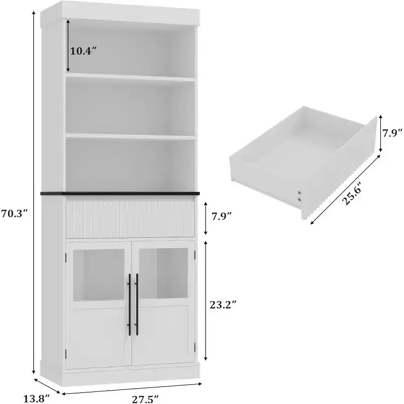 70 Tall Storage Cabinet, Semi-Open Storage with Drawer, 2 Glass Doors - 3 Adjustable Shelves, Versatile Floor, Kitchen Pantry Cabinet for Room