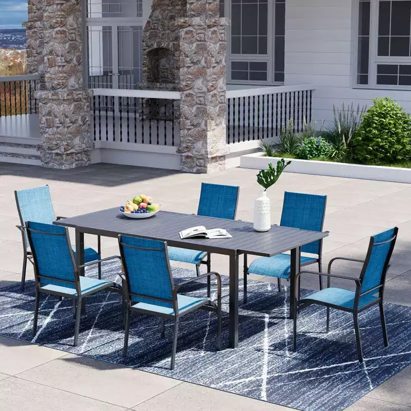 EROMMY 7 Piece Patio Expandable Table Dining Set, Outdoor Dining Table And Chairs Set For 4 To 8, 6 Textilene Chairs, 1 Iron Expandable Dining Table
