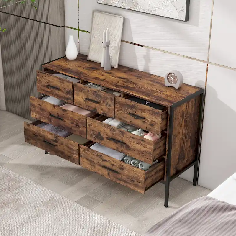 7 Drawer Wood Dresser with Steel Frame for Bedroom - Dark Brown