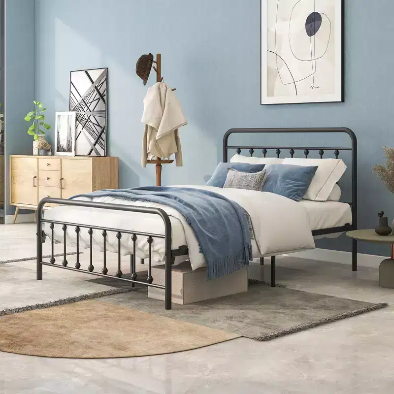 Queen/Full/Twin Size Metal Platform Bed Frame with Vintage Headboard and Slat Support, Black -ModernLuxe