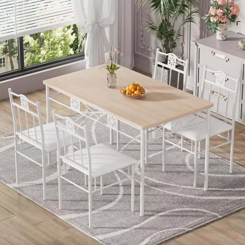 VECELO Dining Room Wooden Kitchen Table and Pu Cushion Chair Sets for Small Space, Retro Brown