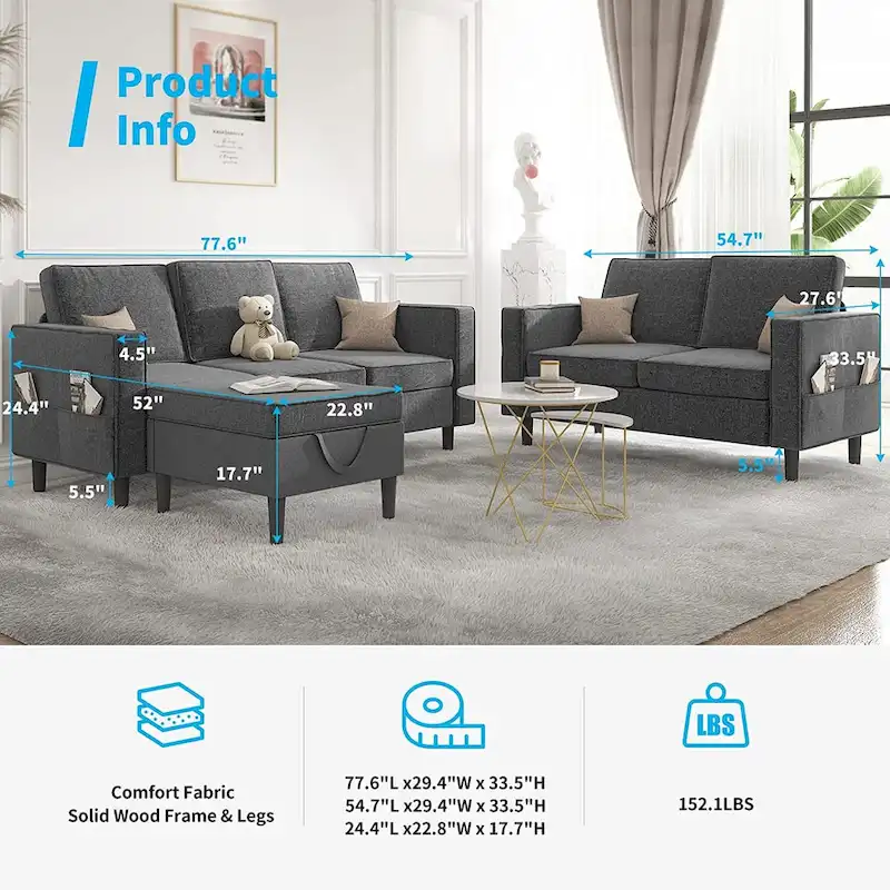 Mixoy Convertible Sectional Sofa Couches,3-Seater with Loveseat,Ottoman