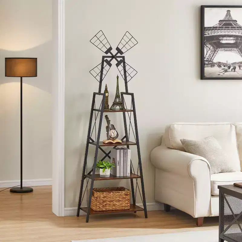 MAYEERTY 4 Tier Narrow Bookshelf with Windmills decorated Rustic Brown and Black