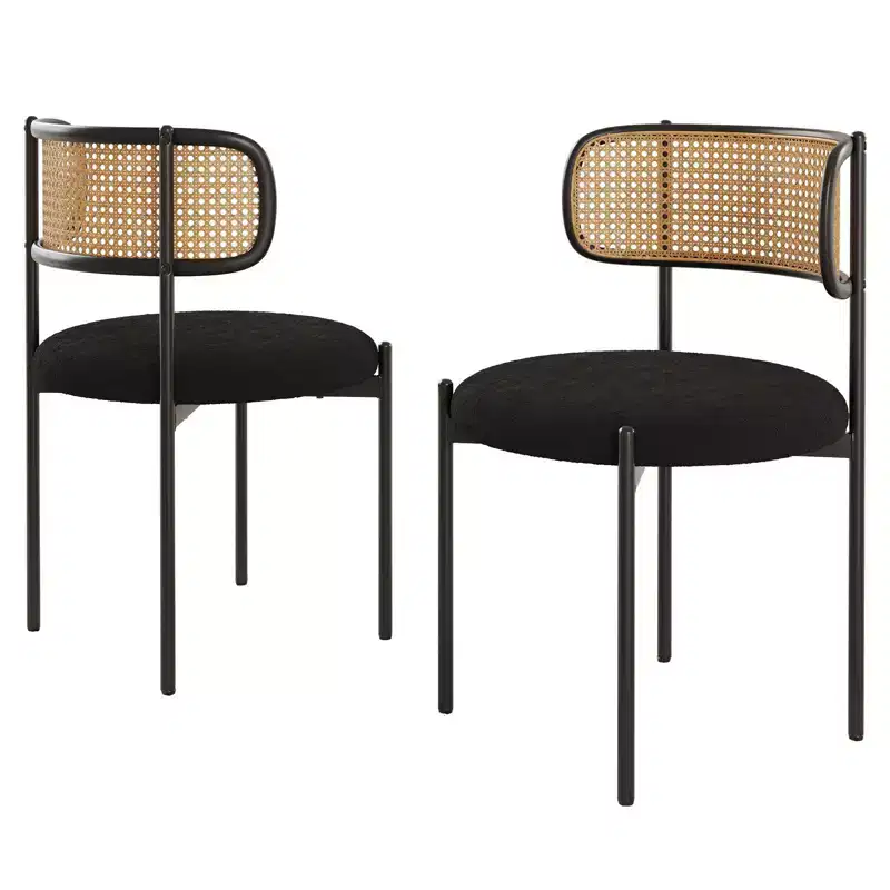 PexFix 2Pcs Modern Upholstered Dining Chairs Rattan Back Dining Room Chairs Accent Kitchen Chairs with Metal Legs Black