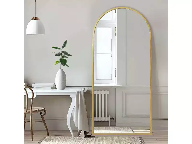 Gold 23.62 x 66.93 Inch Arch Shaped Thin Edged Aluminum Alloy Full Length Mirror with Stand for Living Room and Bedroom Wall Decor