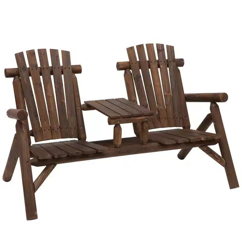 2-Seat Wooden Adirondack Chair, Patio Bench with Table, Outdoor Loveseat Fire Pit Chair for Porch, Deck