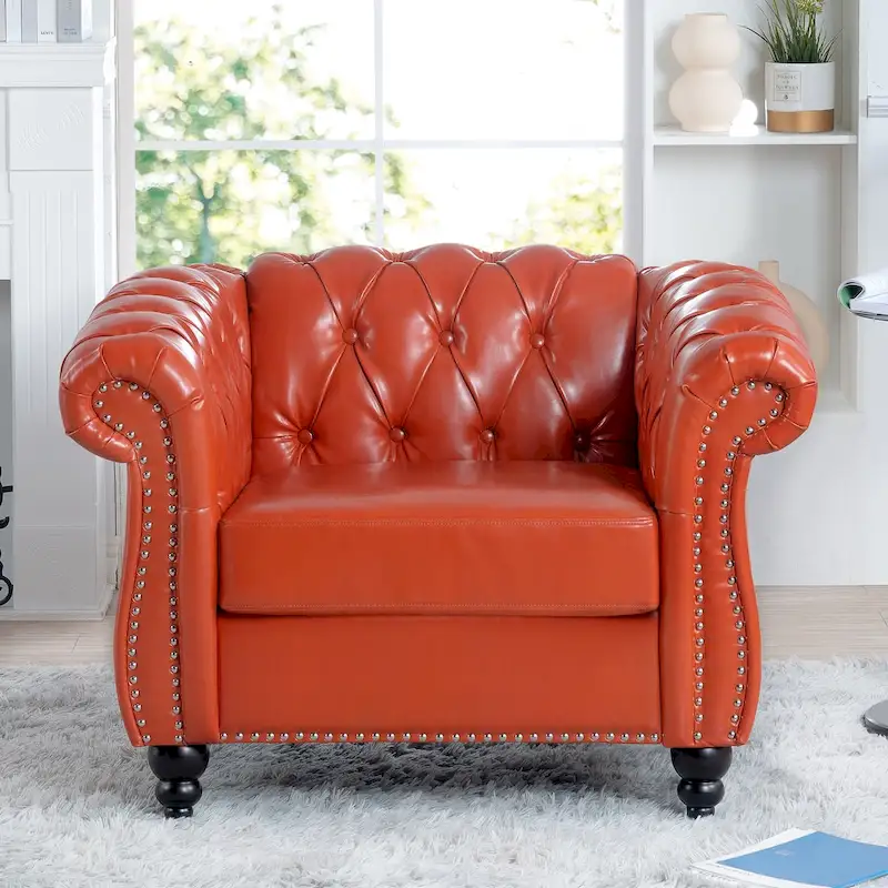 Classically Elegant 84.65 Three-Seater Rolled Arm Chesterfield Sofa in PU Leather - Sturdy Birch Legs, Soft Upholstery