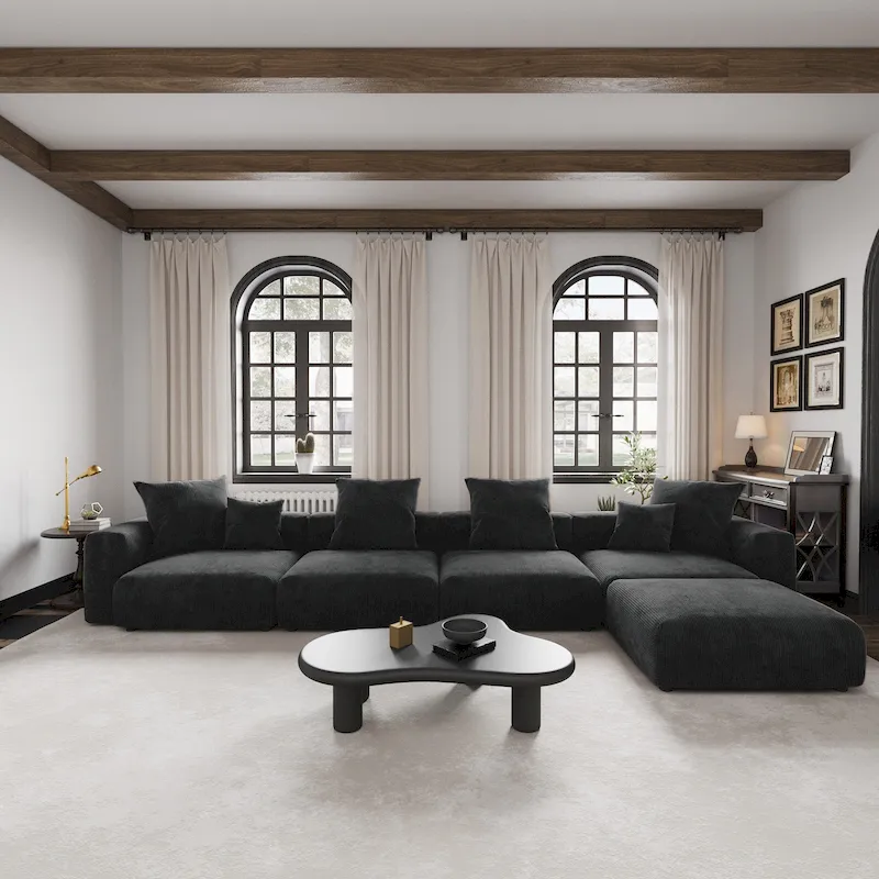Black / Beige / Light Brown L-Shape Corduroy Sectional Sofa with Ottoman, 5-Seat, With Arms or Armless