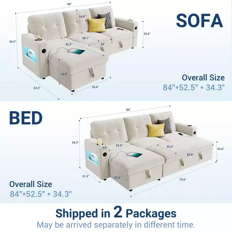 84 Sleeper Sofa with Storage & Charging Station, Convertible Sectional Sofa Bed with Pull-Out Bed, Velvet Couch for Living Room