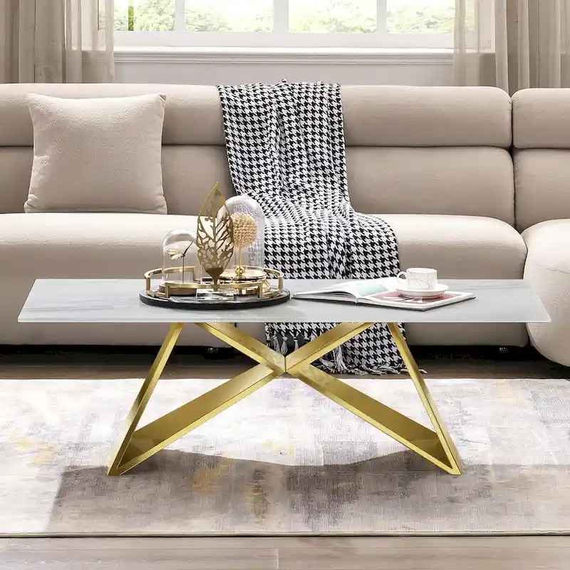 50 Inch Rectangle White Tempered Glass Coffee Table with Mirrored M-Shaped Base