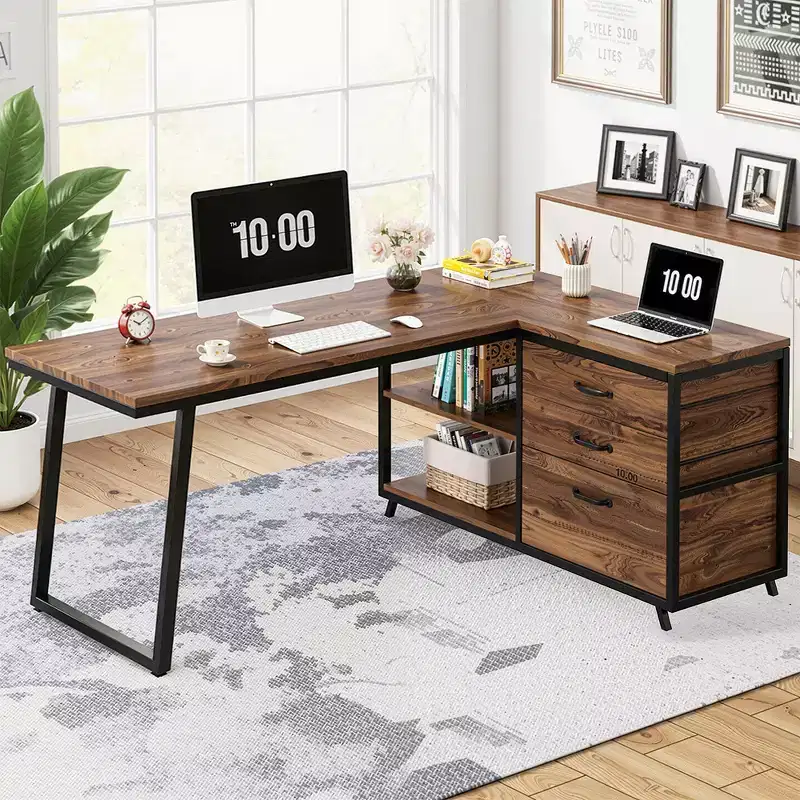 MAYEERTY 53 L-Shaped Desk with File Cabinet, Industrial Style, Easy Assembly