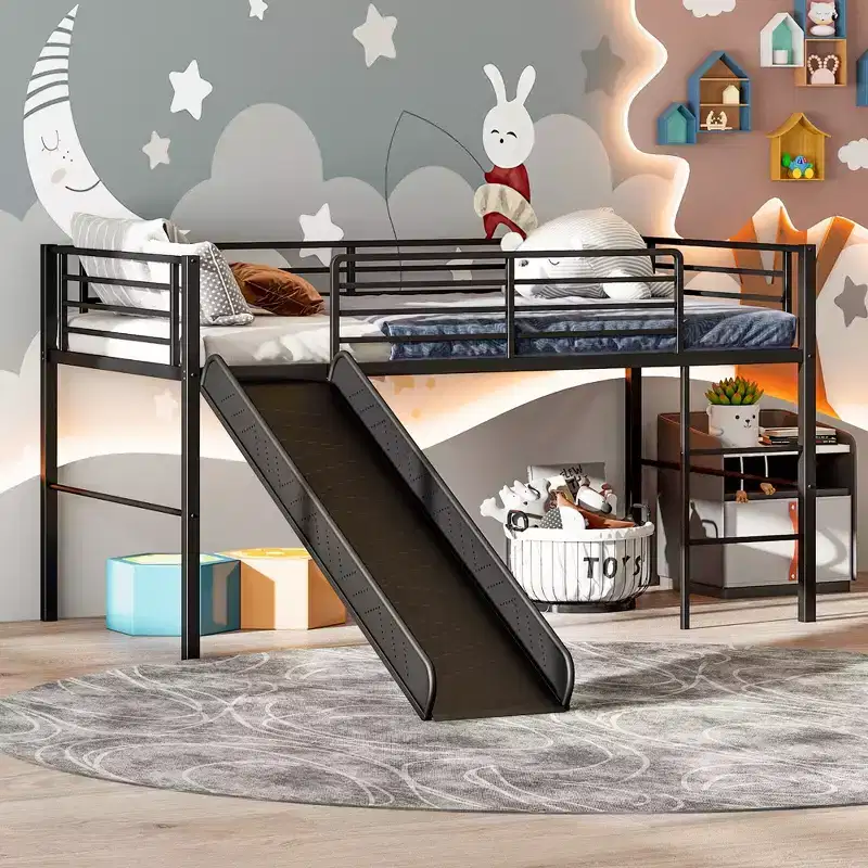 Costway Twin Metal Loft Bed with Slide Guardrails Built-in Ladder Low Bed Frame