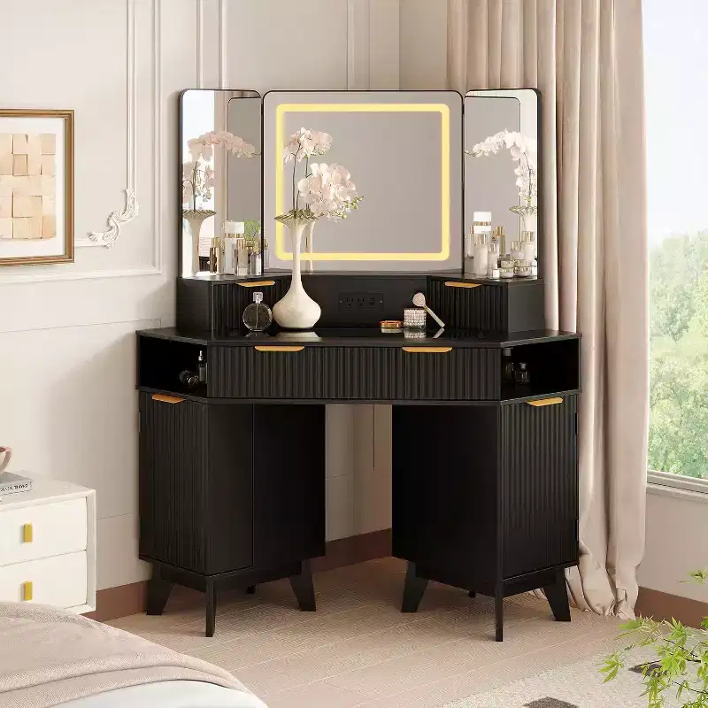 48 Inch Fluted Makeup Vanity Desk with Mirror and Lights, Charging Outlet & 3-Panel Lighted Mirror, Dressing Table for Bedroom