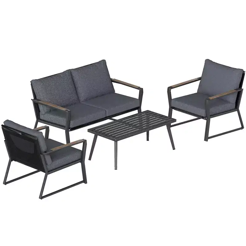 4 Piece Patio Furniture Set, Aluminum Conversation Set, Outdoor Garden Sofa Set with Armchairs, Loveseat, Center Coffee Table and Cushions