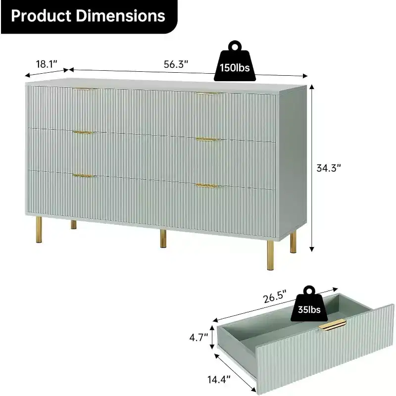 Six-drawer chest of drawers, modern wooden storage unit with gold-tone metal handles and anti-tipping mechanism, suitable for bedrooms, living rooms.