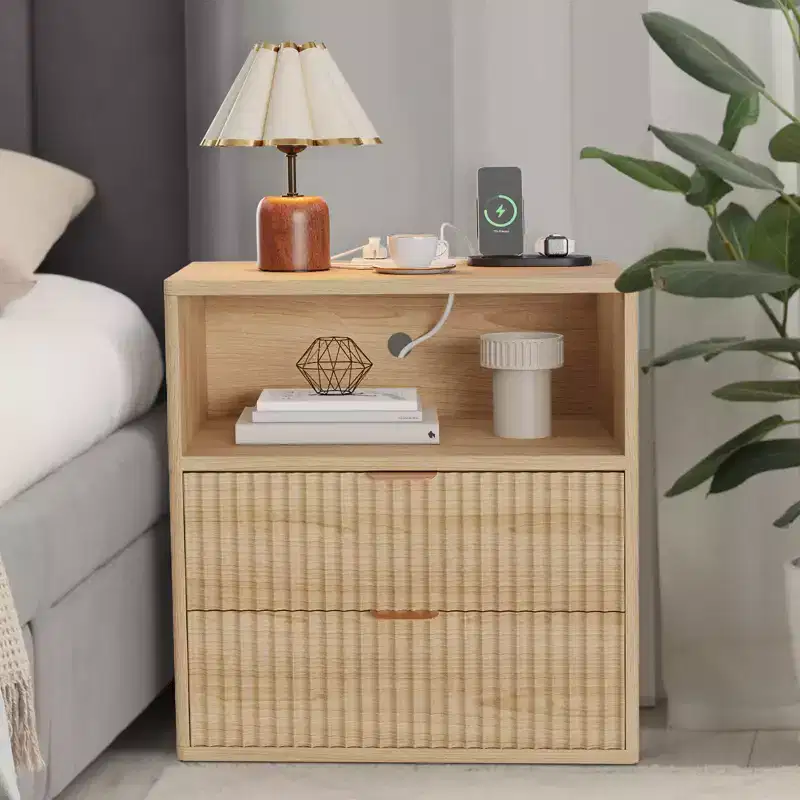 Fluted Farmhouse Night Stand with Charging Station 23 Mid-Century Modern 2-Drawer End Table for Bedroom