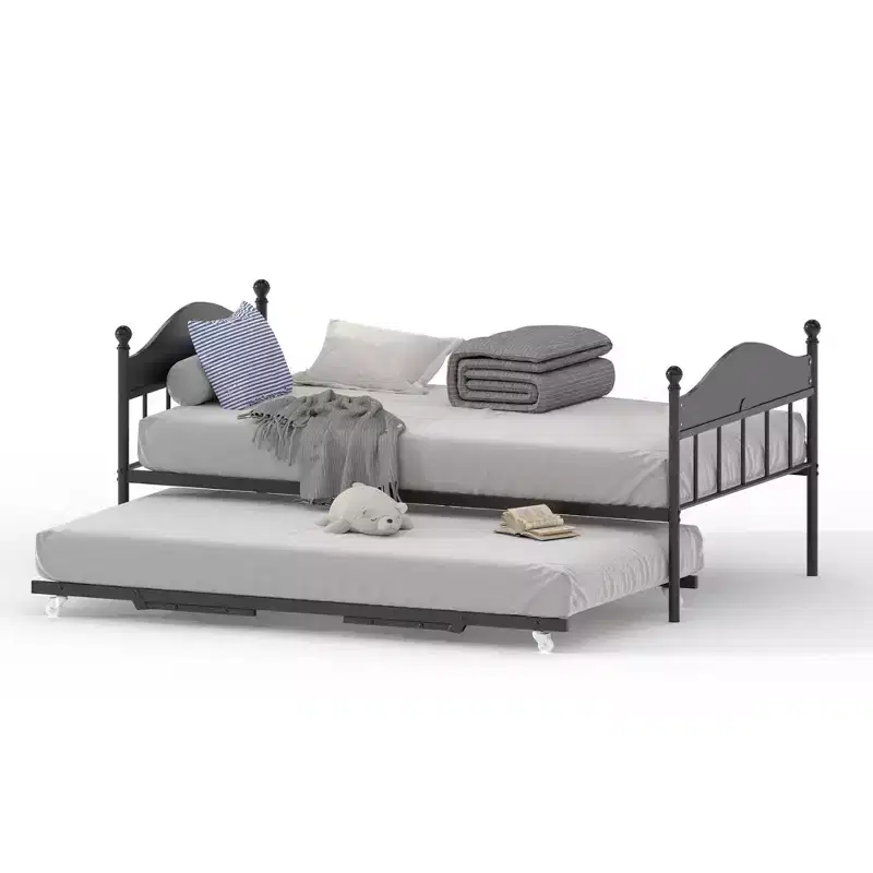 Daybed with Trundle,Metal Twin Size Day Bed,Sofa Bed Frame with Foldable Trundle Bed,Heavy Duty Steel Slats Platform for Living Room,Bedroom