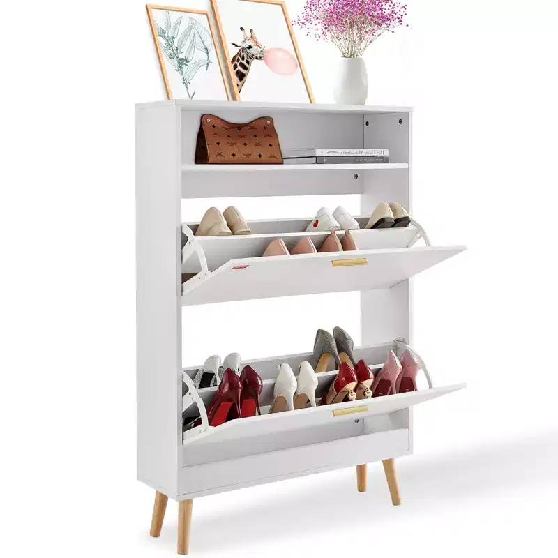 Shoe Cabinet with 2 Flip Drawers, Entryway Shoe Storage Organizer with Top Storage Cubby, White