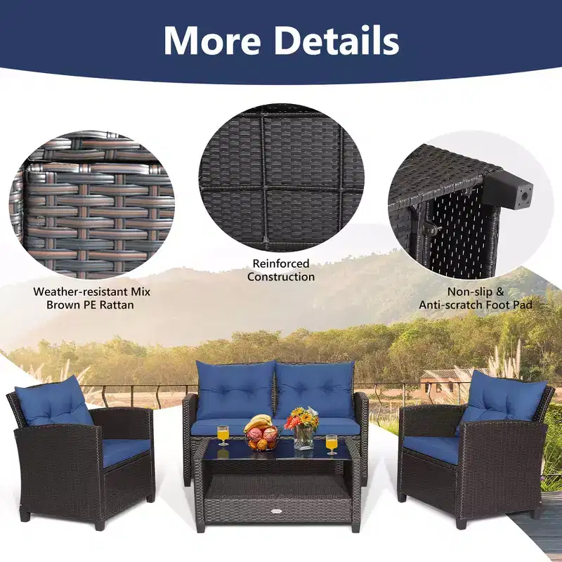 Costway 8 PCS Patio Rattan Furniture Set Glass Table Shelf Sofa Cushion Black/Red/Turquoise/Navy/Gray