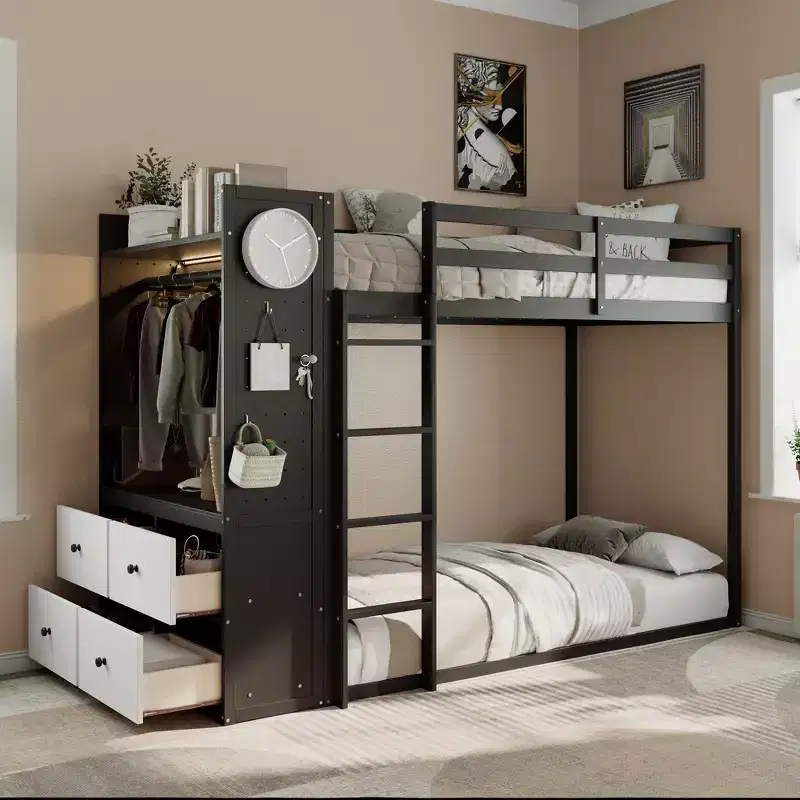 Whisen Twin Bunk Bed Frame with 4 Storage Drawers, Hanging Rail, Built-in Shelves & Dual Pegboards