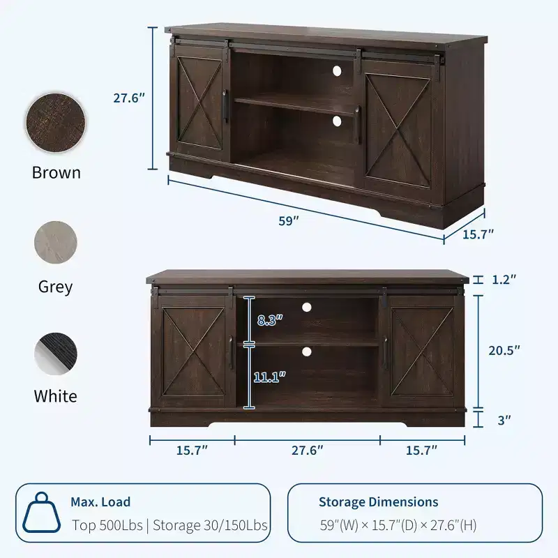 Farmhouse TV Stand for TV up to 65 in and Entertainment Center with Sliding Barn Doors and Adjustable Shelf,Media Console Table with Storage Cabinet