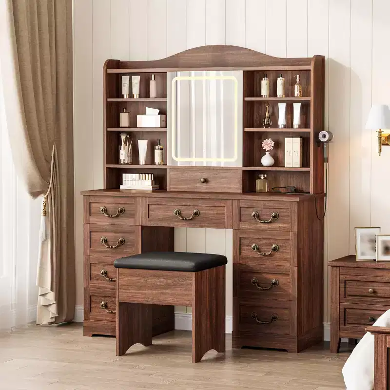 47 Makeup Vanity Desk with Mirror and Lights, Large Dressing Table with 10 Drawers & 8 Open Storage & Stool, Makeup Table Set for Bedroom