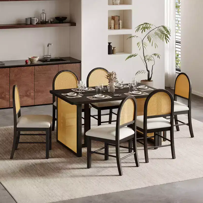 7-Piece Farmhouse Dining Table Set for 6-59.8 Rectangular Dining Table with Distressed and 6 Rattan Chairs, Rustic Kitchen Furniture