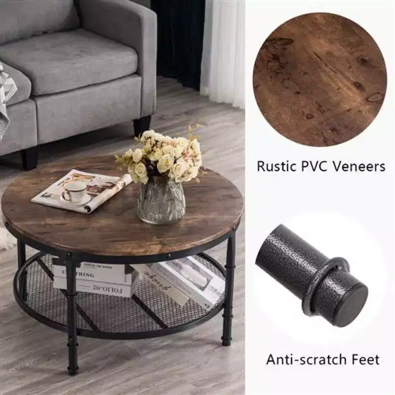 31.89in Double-layer Round Fire-burned Wood PVC Density Board Panel, Black Base with Silver Pattern Powder-coated Iron Frame Coffee Table