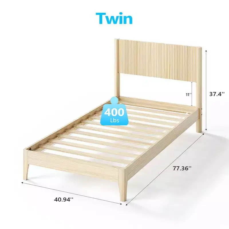 Solid Wood Twin Platform Bed Frame with Grille Headboard