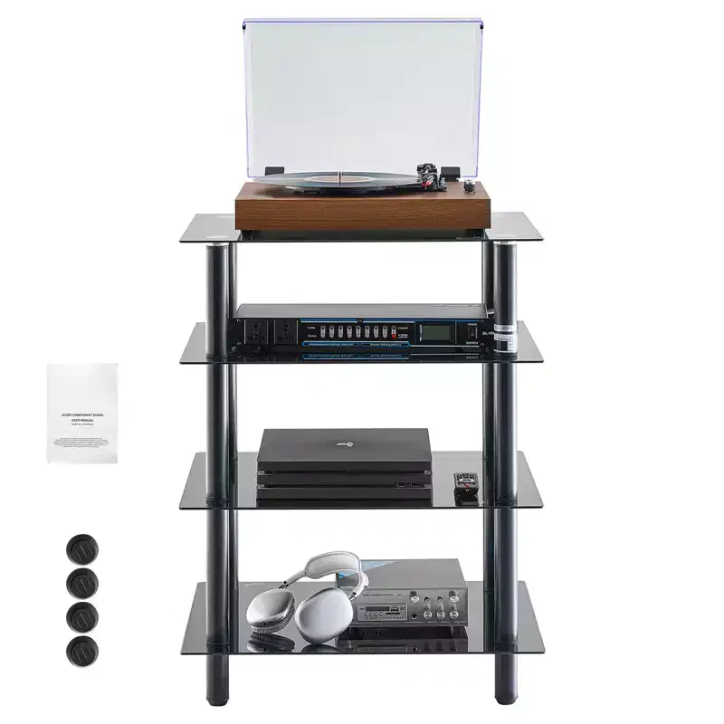 VEVOR 4-Tier AV Media Stand, Audio/Video Stand with Strengthened Tempered Glass Shevles for DVD/Cable Boxes/Games Consoles, Height Adjustable