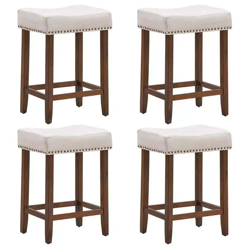 Costway Set of 4 Nailhead Saddle Bar Stools 24'' Height w/ Fabric Seat & Wood Legs Beige\Gray