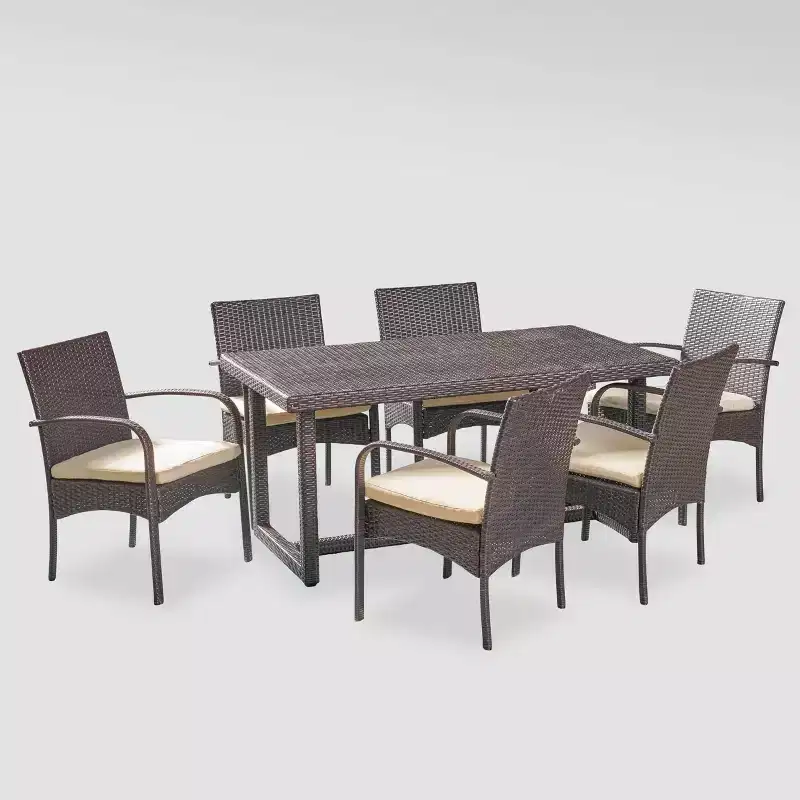 Harlowe 7pc Wicker Dining Set - Brown/Cream - Christopher Knight Home: Weather-Resistant Patio Furniture with Cushions