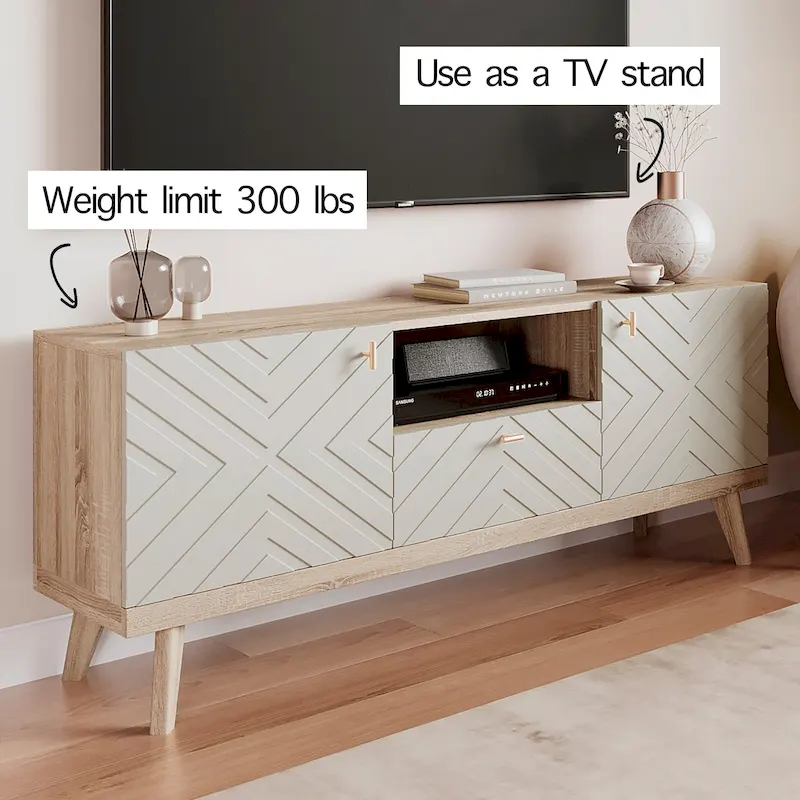 Mid-Century Modern TV Stand Console with Drawer, Beige, Fits TVs up to 65 in, Wood Legs