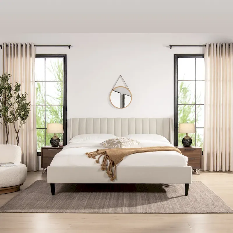 Low-Profile Linen Platform Bed with Vertical Tufted Headboard | King & Queen | Farmhouse Style