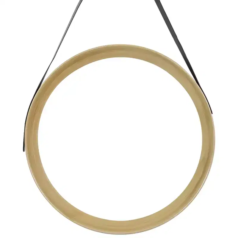 20 Wooden Finish Round Wall Mirror with Black Hanging Strap