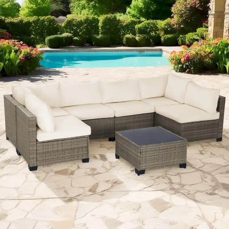 7-Piece All-Weather PE Wicker Patio Conversation Set with Beige Cushions and Coffee Table