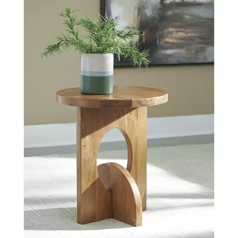 Signature Design by Ashley Hollbourne Accent Table, Round Solid Wood Side Table, Light Brown