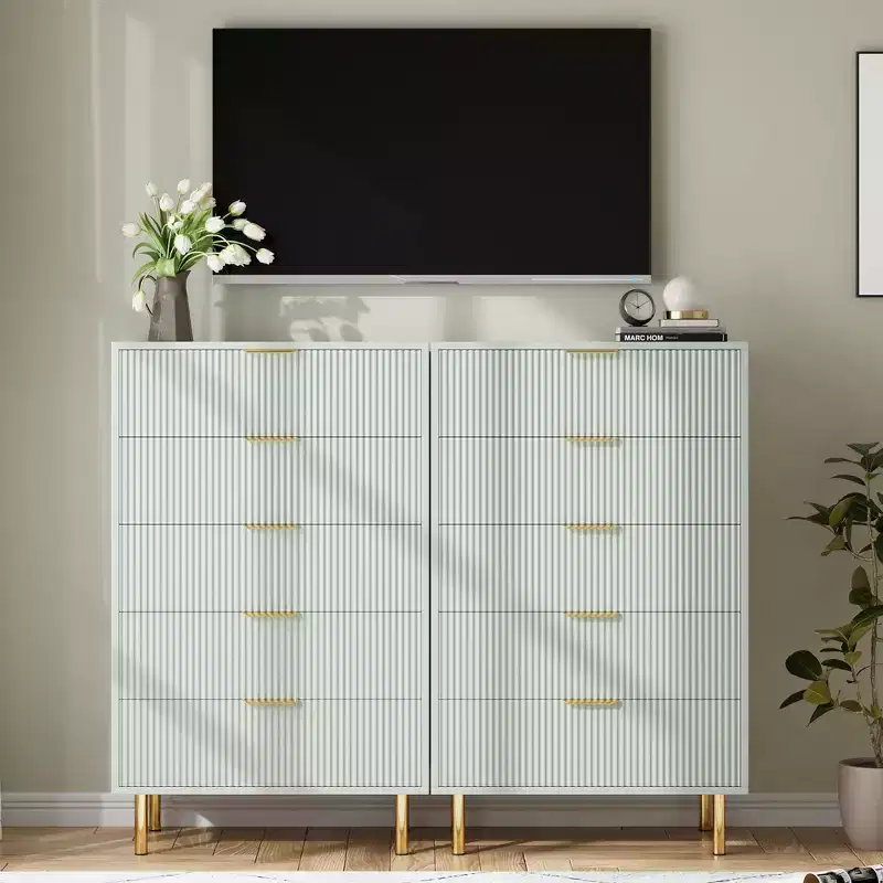 Green Dresser, Modern 5 Drawer Dresser for Bedroom with Gold and Large Drawer, Wood Double Chest of Drawers,Green