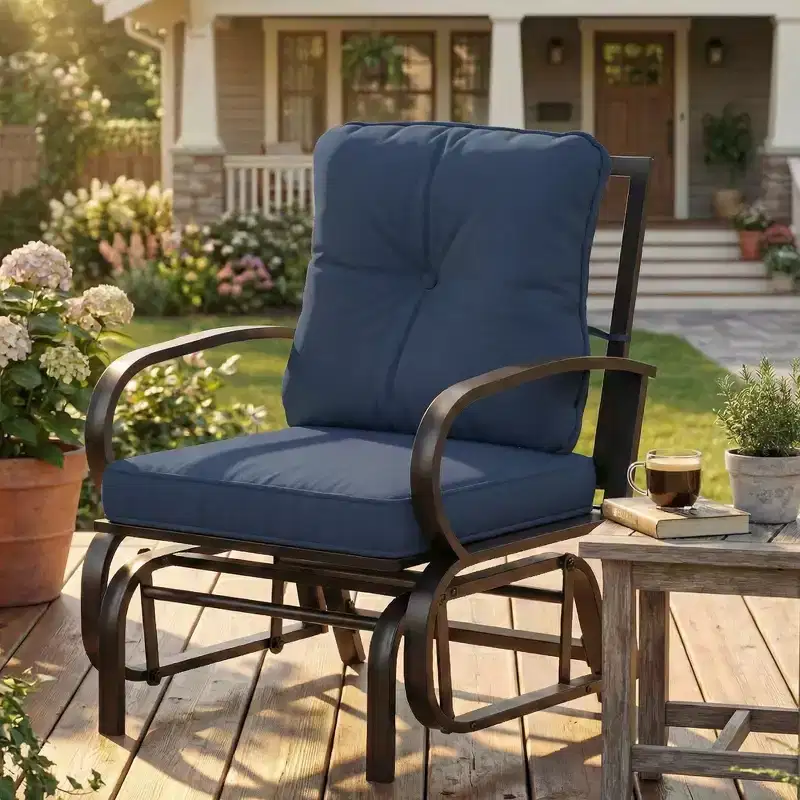 Outsunny Outdoor Glider Chair, Patio Glider with Cushions, Steel Frame, Curved Armrests, Dark Blue
