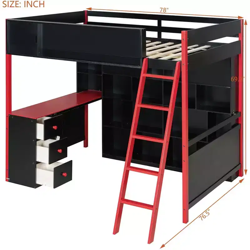 Luxystar Full Size Modern Loft Bed With Lighted Desk, 3 Drawers and Storage Bookcase